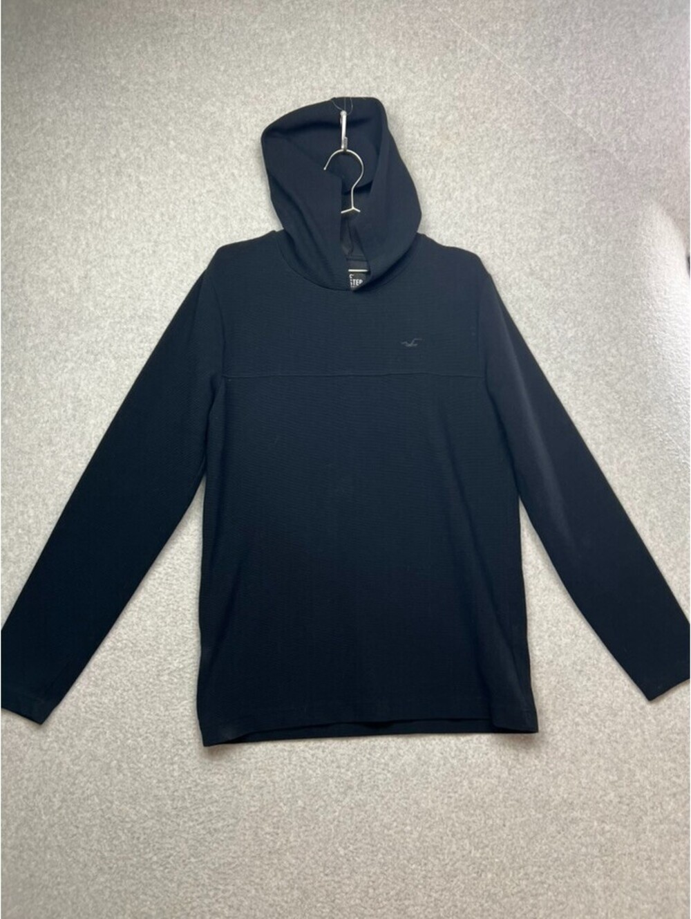 Hollister Black Waffle Knit Thermal Hoodie M Embroidered Logo Casual Comfort